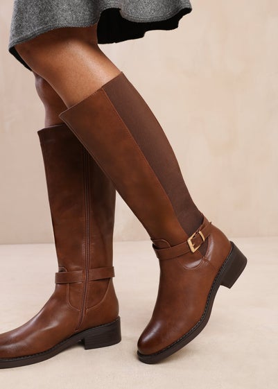 Where's That From Micah Brown Buckle Detail Knee High Boots