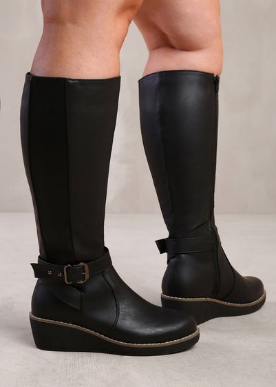 Where's That From Ayleen Black Wide Calf Wedge Knee-High Boots