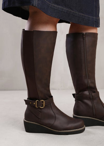 Where's That From Ayleen Brown Wide Calf Wedge Knee-High Boots