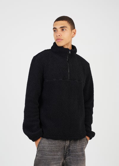 Brave Soul Black Quarter Zip Teddy Fleece Jumper