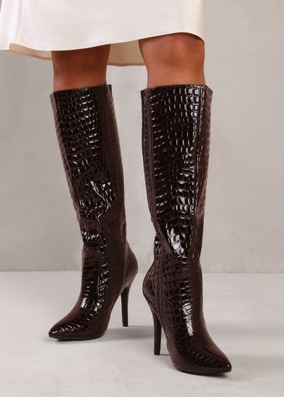 Where's That From Brown Croco Patent Zoya High Heel Boots