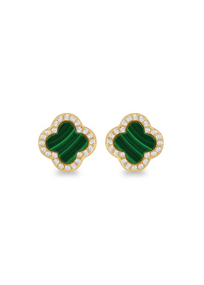 Golden Moments Yellow Gold Plated Clover Malachite CZ Stud Earrings