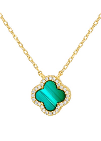 Golden Moments Yellow Gold Plated Clover Malachite CZ Necklace