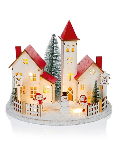 Premier Decorations Battery Operated Lit Wooden Round Village Christmas Scene 22cm