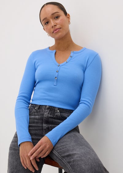 Blue Henley Collar Long Sleeve Top