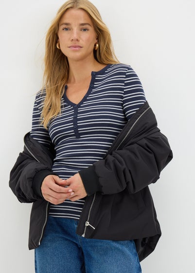 Navy Stripe Henley Collar Long Sleeve Top