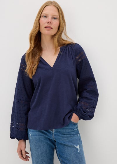 Navy Broderie Anglaise Long Sleeve Top