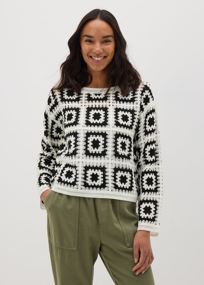 Black Monochrome Patchwork Crochet Jumper