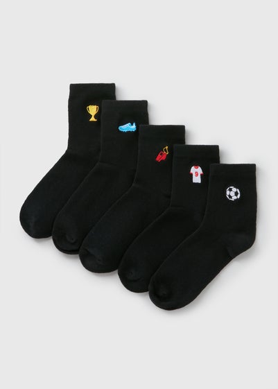 5 Pack Kids Black Football Embroidered Socks (Younger 6-Older 6.5)