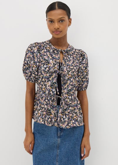 Black Tie Front Peplum Floral Blouse