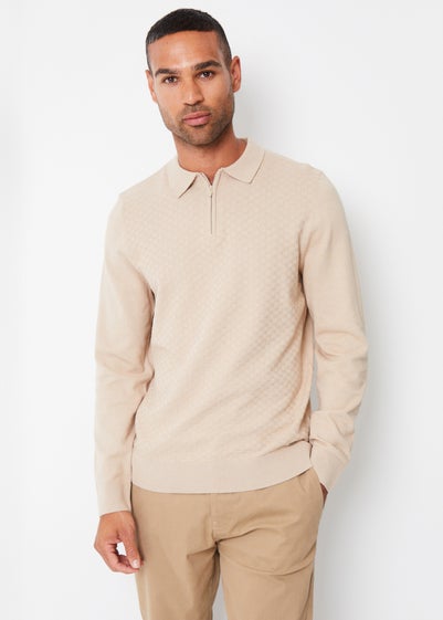 Threadbare Beige Long Sleeve Quarter Zip Knitted Polo Jumper