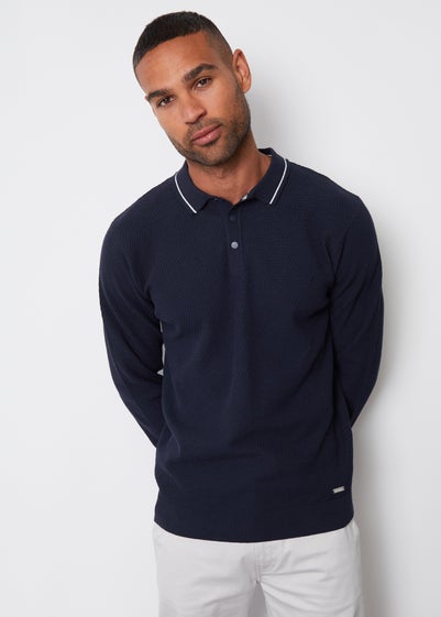 Threadbare Navy Textured Knitted Long Sleeve Polo Jumper