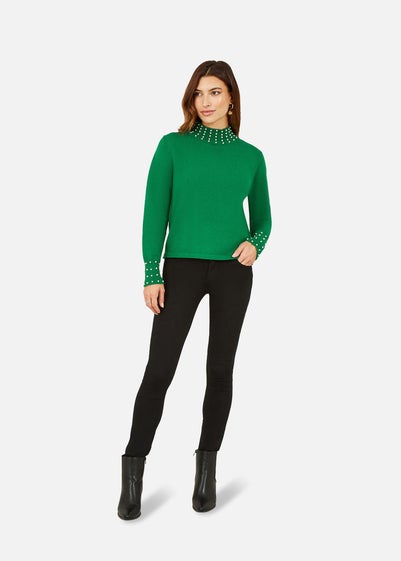 Mela Green Pearl Detail High Neck Jumper