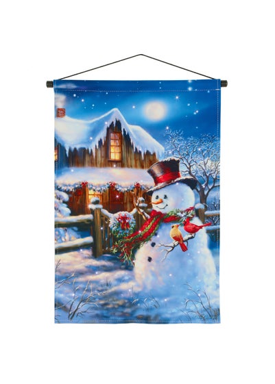 Premier Decorations Blue Snowman Cottage Scene with Twinkling Fibre Optics 60 x 40cm