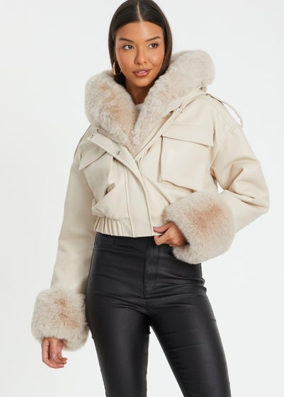 Quiz Stone Faux Fur Bomber Jacket