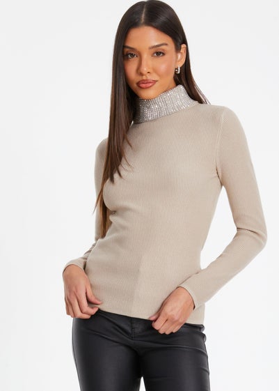 Quiz Stone Diamante Turtle Neck Jumper