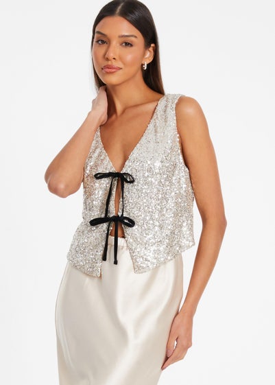 Quiz Cream Sequin Tie Up Waistcoat