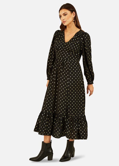 Yumi Black Foil Print Long Sleeve Midi Dress