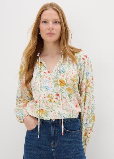 Cream Floral Boho Tie Neck Blouse