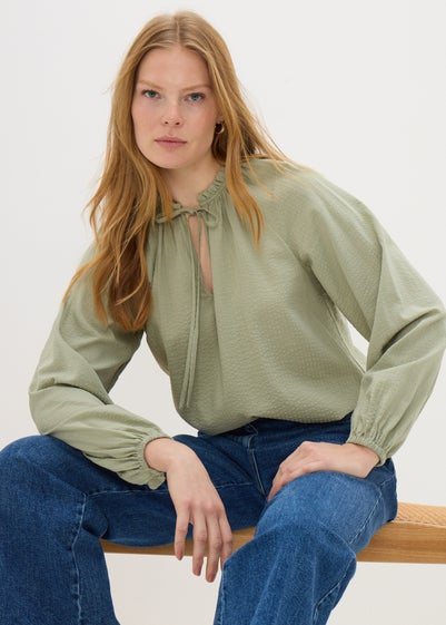 Green Boho Tie Neck Blouse