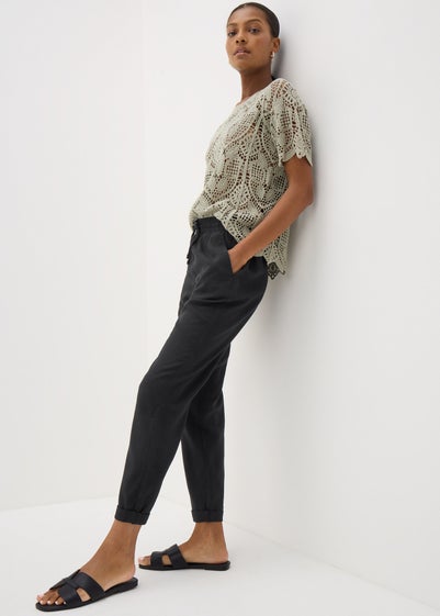 Black Linen Blend Tapered Trousers