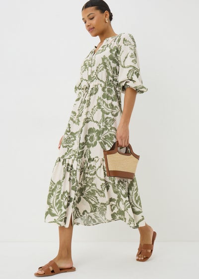 Green Floral Raglan Midi Shirt Dress