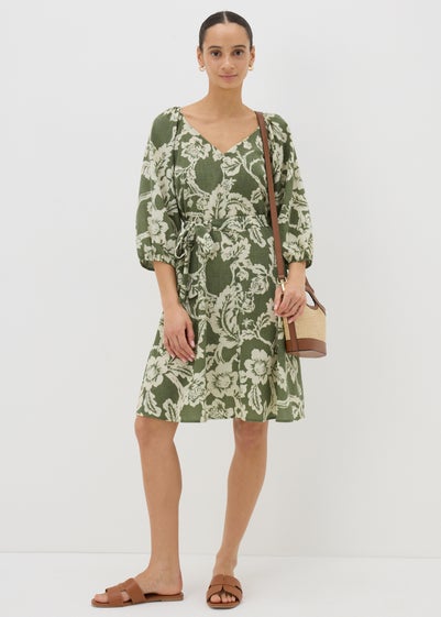 Green Floral Belted Mini Tea Dress