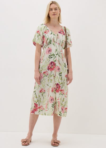 Sage Green Floral Puff Sleeve Tea Midi Dress