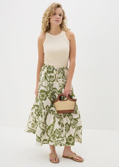 Green Floral Button Front Tiered Midaxi Skirt