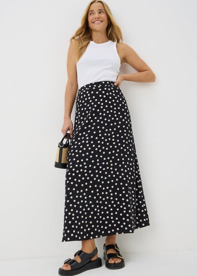 Black Monochrome Spot Flared Hem Midaxi Skirt