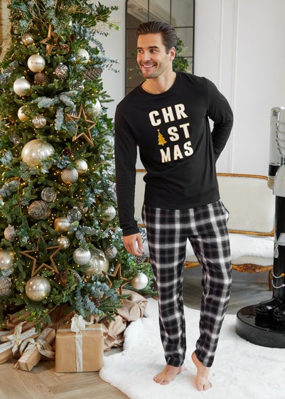 Threadbare Black Cotton Long Sleeve Christmas Check Pyjama Set