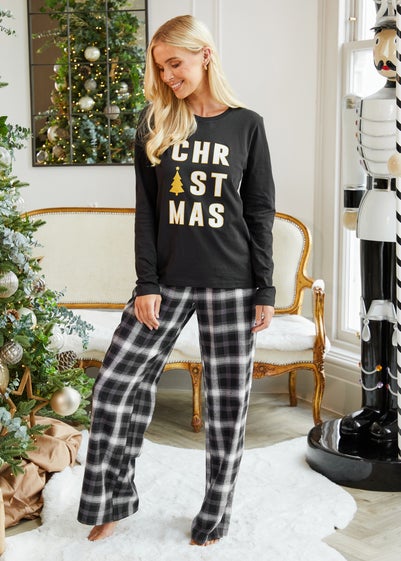 Threadbare Black Harold Cotton Long Sleeve Christmas Check Pyjama Set