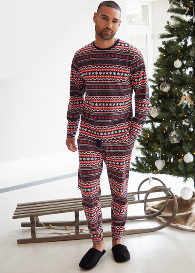 Threadbare Red Cotton Long Sleeve Christmas Fairisle Pyjama Set