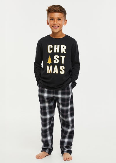 Threadbare Kids Black Cotton Tartan Check Christmas Pyjama Set (5-12 yrs)