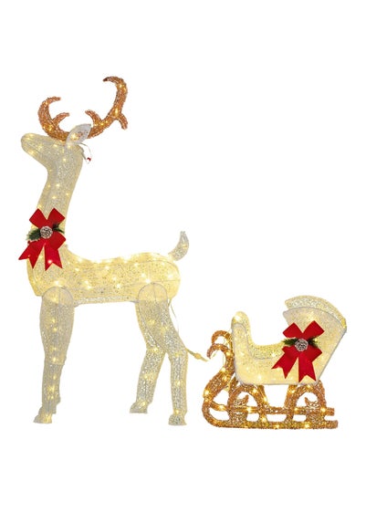 Outsunny White Light Up Reindeer & Sleigh Christmas Decoration 170 LED Lights