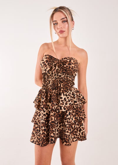 Pink Vanilla Brown Leopard Print Ruffle Bandeau Dress