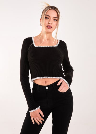 Pink Vanilla Black Contrast Stitch Long Sleeve Knit Top