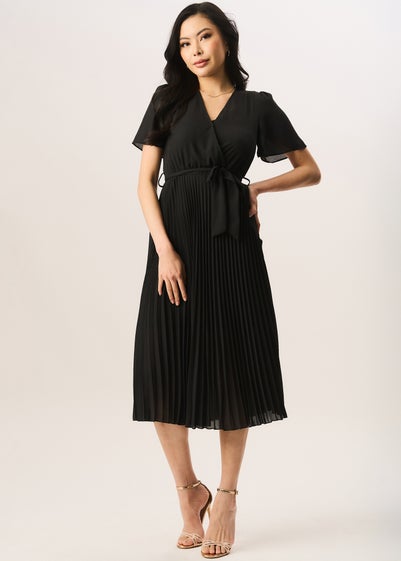 Gini London Black Angel Sleeves Pleated Midi Wrap Dress