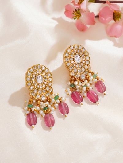 women Gold Brass Push Back Glass Stone Danglers Earrings