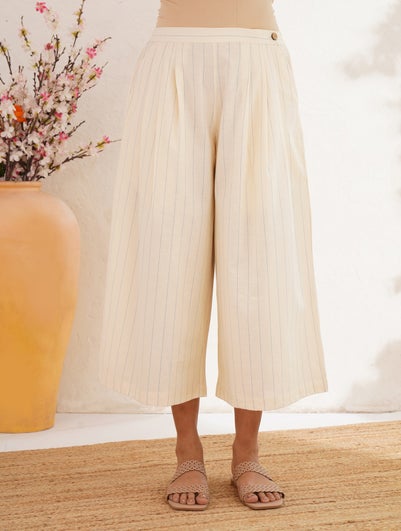 women Ivory Cotton Flared Striped Button Culottes - XS