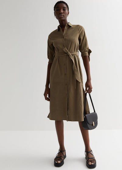 Gini London Khaki Linen Tie Sleeves Midi Shirt Dress