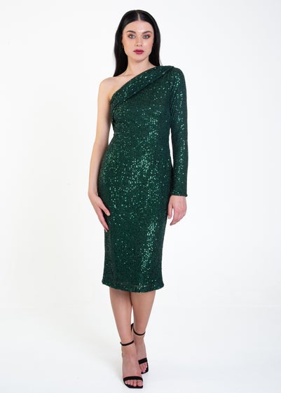 Gini London Green One Shoulder Draped Sequin Midi Dress