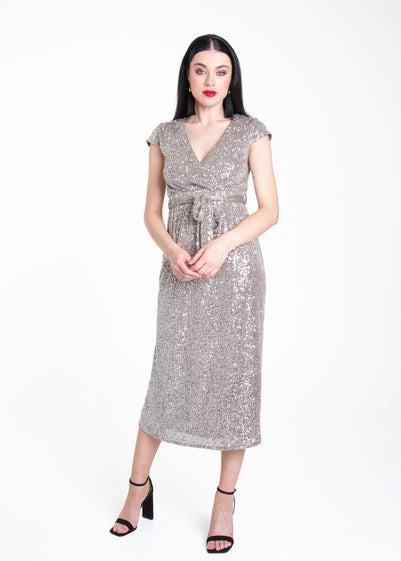 Gini London Gun Metal Sequin Belted Midi Wrap Dress