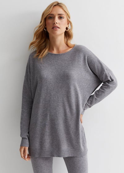 Gini London Grey Brushed Cotton Crew Neck Oversized Top