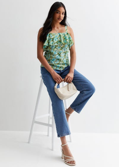 Gini London Blue Floral Strappy Bardot Ruffle Top