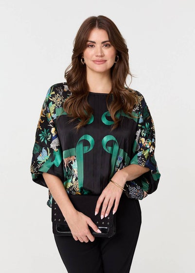 Izabel London Black Printed Satin Oversized Blouse