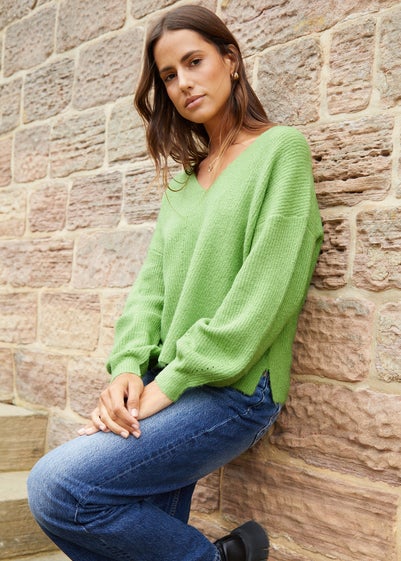 Threadbare Green Lily Ribbed V Neck Jumper