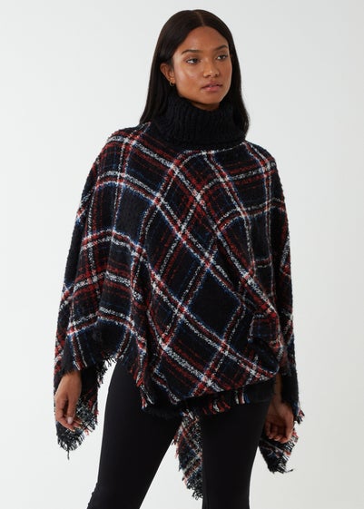 Blue Vanilla Black Tartan Roll Neck Poncho