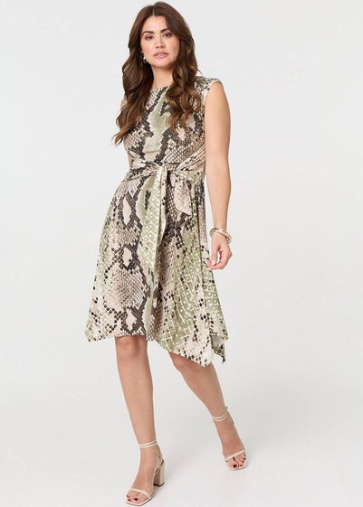 Izabel London Green Snake Print Boat Neck Hanky Hem Dress