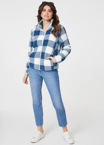 Izabel London Blue Checked Print Teddy Fleece Zip-Up Jacket